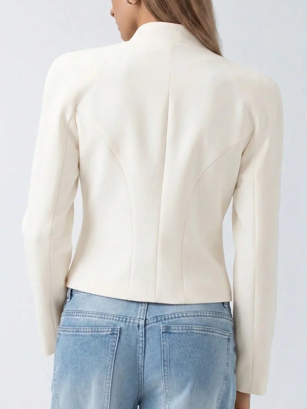 Beige Elegant Women's Exaggerated Shoulder and Faux Buttons Office Jacket
